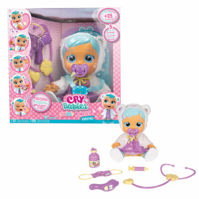 Cry Babies Dressy Kristal  Set, mit 25 Babygeräuschen und 5 Funktionen,, Inhalt: 1 Schnuller, 1 Stethoskop, 1 Mund-Nasen-Maske,, 1 Hustensaftflasche, 1 Thermometer, 1 Spielspritze,, 1 Haarspange, Batterien 3x LR03 sind enthalten, ab 3 Jahren