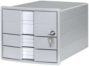 Schubladenbox IMPULS A4/C4, 3 Schubladen, Einsatz + Schloss, lichtgrau