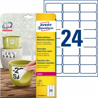 Avery Zweckform L4773REV-20 Wetterfeste Etiketten (A4, 480 Stück, ablösbar, 33,9 x 63,5 mm) 20 Blatt weiß