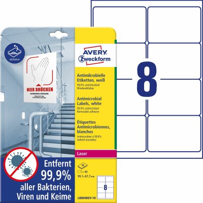 Avery Zweckform L8004REV-10 Antimikrobielle Etiketten - 99,1 x 67,7 mm ablösbar, weiß, 80 Stück