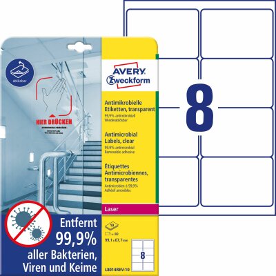 Avery Zweckform L8014REV-10 Antimikrobielle Etiketten - 99,1 x 67,7 mm ablösbar, transparent, 80 Stück