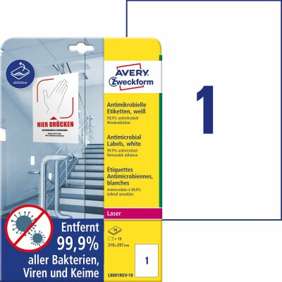 Avery Zweckform L8001REV-10 Antimikrobielle Etiketten - 210 x 297 mm, ablösbar, weiß, 20 Stück