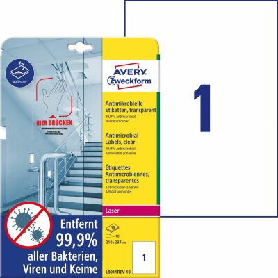 Avery Zweckform L8011REV-10 Antimikrobielle Etiketten - 210 x 297 mm, ablösbar, transparent, 20 Stück