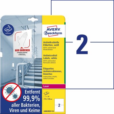 Avery Zweckform L8002REV-10 Antimikrobielle Etiketten - 210 x 148 mm, ablösbar, weiß, 20 Stück