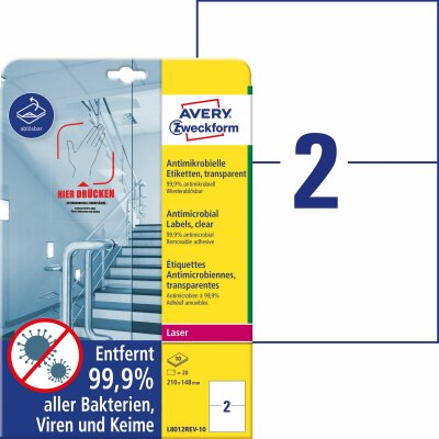 Avery Zweckform L8012REV-10 Antimikrobielle Etiketten - 210 x 148 mm, ablösbar, transparent, 20 Stück