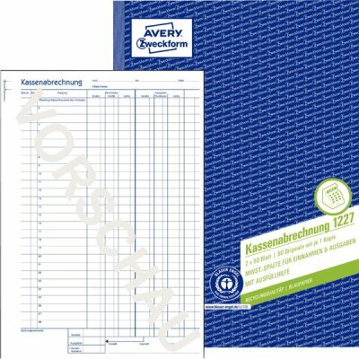 Avery Zweckform 1227 Kassenabrechnung - MwSt.-Spalte, A4, Recycling, Blaupapier, 2x 50 Blatt