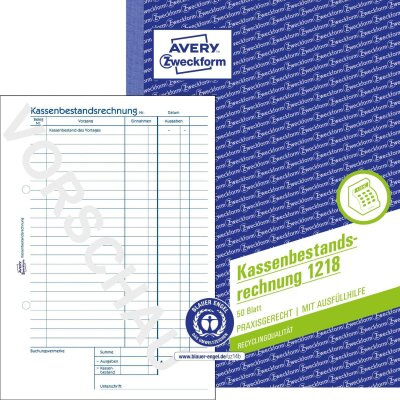 Avery Zweckform 1218 Kassenbestandsrechnung Recycling - A5, MP, BP, 50 Originale