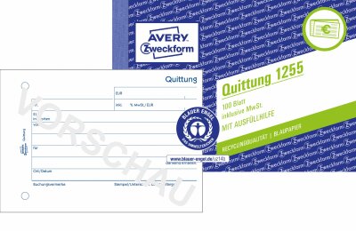 Avery Zweckform 1255 Quittung inkl. MwSt. Recycling - A6 quer, MP, BL, 2x 50 Blatt