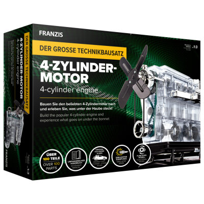 FRANZIS 67175 - Der große Technikbausatz 4-Zylinder-Motor, hochwertiger Modell-Bausatz im Maßstab 1:3, 100 Bauteile zum Stecken und Schrauben, inkl. Soundmodul, Anleitung und Begleitbuch