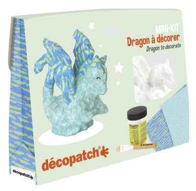 Clairefontaine Décopatch KIT035C - Miniset Drache mit 1 Pappmaché weißer Drache, zwei Blatt Décopatch-Papier 30x40 cm, 1x PaperPatch Klebstofflack, 1 Pinsel, 1 Set