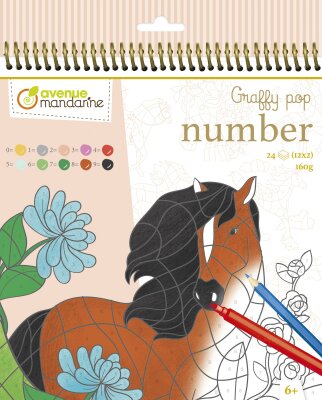 Clairefontaine Avenue Mandarine GY109C- Ausmalbuch Graffy Pop Number, mit 24 Zeichnungen zum Ausmalen 12 Designs x 2, 1 Stück, Pferd