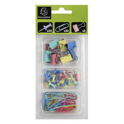 Exacompta Exacompta - Art.-Nr. 14860E – 58 Stück Aquarel Clips – bestehend aus 20 Pushpins, 30 Briefklammern Büroklammern und 8 doppelten Metallclips, alles in einem Kunststoffetui mit 3 Fächern