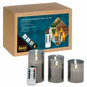 LED Kerzen im Glas 3er warmweiß Echtwachs, mit Fernbedienung,