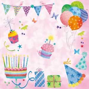 Servietten 24x24cm Fête dAnniversaire rose, 3-lagig, 20 Stück