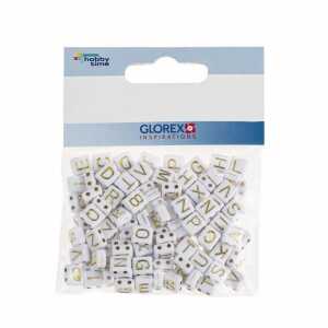 Kunststoff Würfel, 110 Stück, mit Loch und Buchstaben, weiß und gold