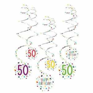 Dekospiralen Confetti Birthday Zahl 50 61cm 6er, aus Papier,, Amscan