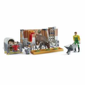 Kuh- und Kälberstall 1:16, mit Landwirt, Kuh und Kälbchen,
