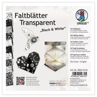 Faltblätter Transparent  Black & White 15x15cm, 50 Blätter aus Transparentpapier, 10 Motive, 115g,, Ursus