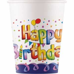 Pappbecher 200ml 8er Multicolor Birthday, Multicolor Happy Birthday
