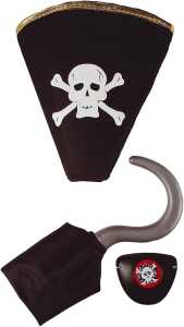 Kostüm Pirat 3er schwarz Set 1 Size, Hut, Haken und Augenklappe,