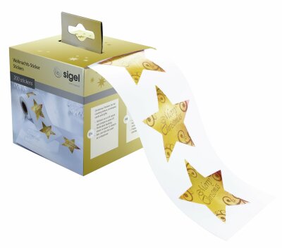 SIGEL CS112 Weihnachts-Sticker auf Rolle - 200 Sticker - 47 x 47 mm - Christmas Stars - gold