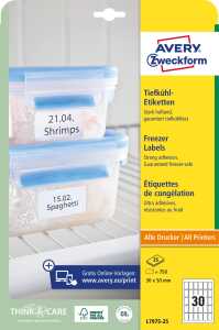 Tiefkühletiketten, weiß, bedruckbar, 30 x 50 mm, 25 Bogen, 750 Etik
