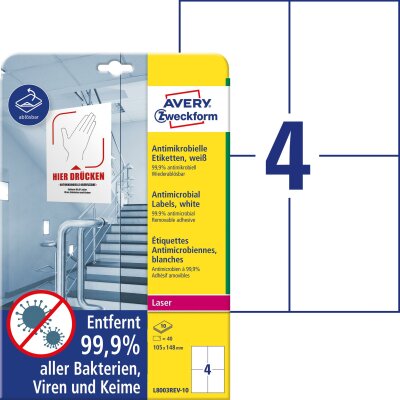 Avery Zweckform L8003REV-10 Antimikrobielle Etiketten - 105 x 148 mm, ablösbar, weiß, 40 Stück