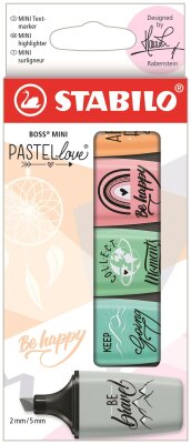 STABILO BOSS MINI Pastellove Edition 2.0 5er Etui rosiges Rouge zartes Türkis Hauch von Minzgrün Seidengrau sanftes Orange