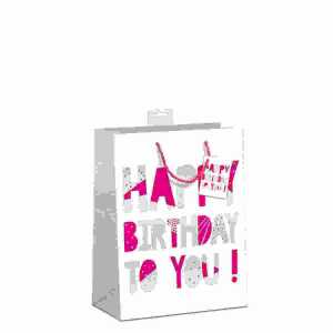 Geschenktasche Happy Birthday weiß 18x23x10cm, mit Kordel