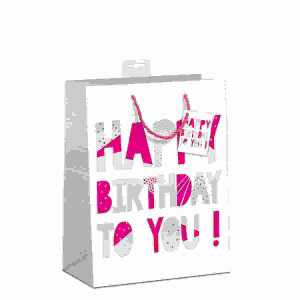 Geschenktasche Happy Birthday weiß 26x32x12cm, mit Kordel