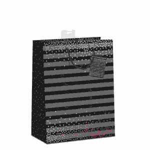 Geschenktasche Streifen Punkte 26x32x12cm, mit Kordel und Namenskarte,