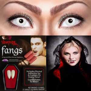 Kontaktlinsen weiß mit Vampirzähnen, inkl. 3 Blutkapseln