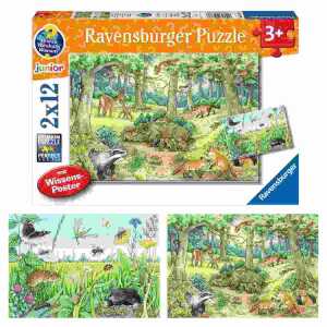 Puzzle 2x 12 Teile Tiere im Wald und auf der Wiese, ab 3 Jahren