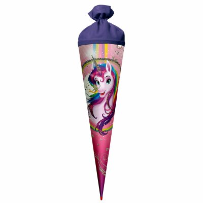 Motiv-Schultüte Einhornportrait 70cm rund Rot(h)-Spitze Filzverschluss