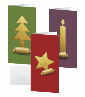 SIGEL DS080 Weihnachts-Karten-Set - 4x Stern, 3x Baum, 3x Kerze - gold/rot/grün - DIN lang - 10 Karten + Umschläge - inkl. Umschläge