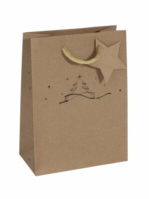 SIGEL GT038 Geschenktasche SIGEL klein - braun - Weihnachtsbaum - mit Bodeneinlage, Geschenkanhänger und farblich abgestimmten Tragekordeln - Braunkarton, Kunststoff - 17 x 23 x 9 cm