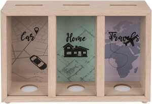 OOTB Holz-Spardose mit 3 Fächern Car/Home/Travels