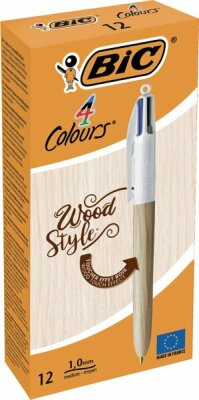 BIC 4 Colours Wood Style, 1,0-mm-Spitze, schwarz, blau, rot , grün