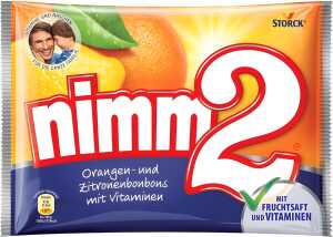 Nimm 2 BonBon, 145 g, mit Orange und Zirtone gefüllte Fruchtbonbons