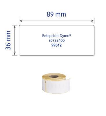 Rollenetiketten, 89 x 36 mm, permanent, weiß, ersetzt Dymo: S0722400, 1 Packung = 1 Rolle = 260 Etiketten